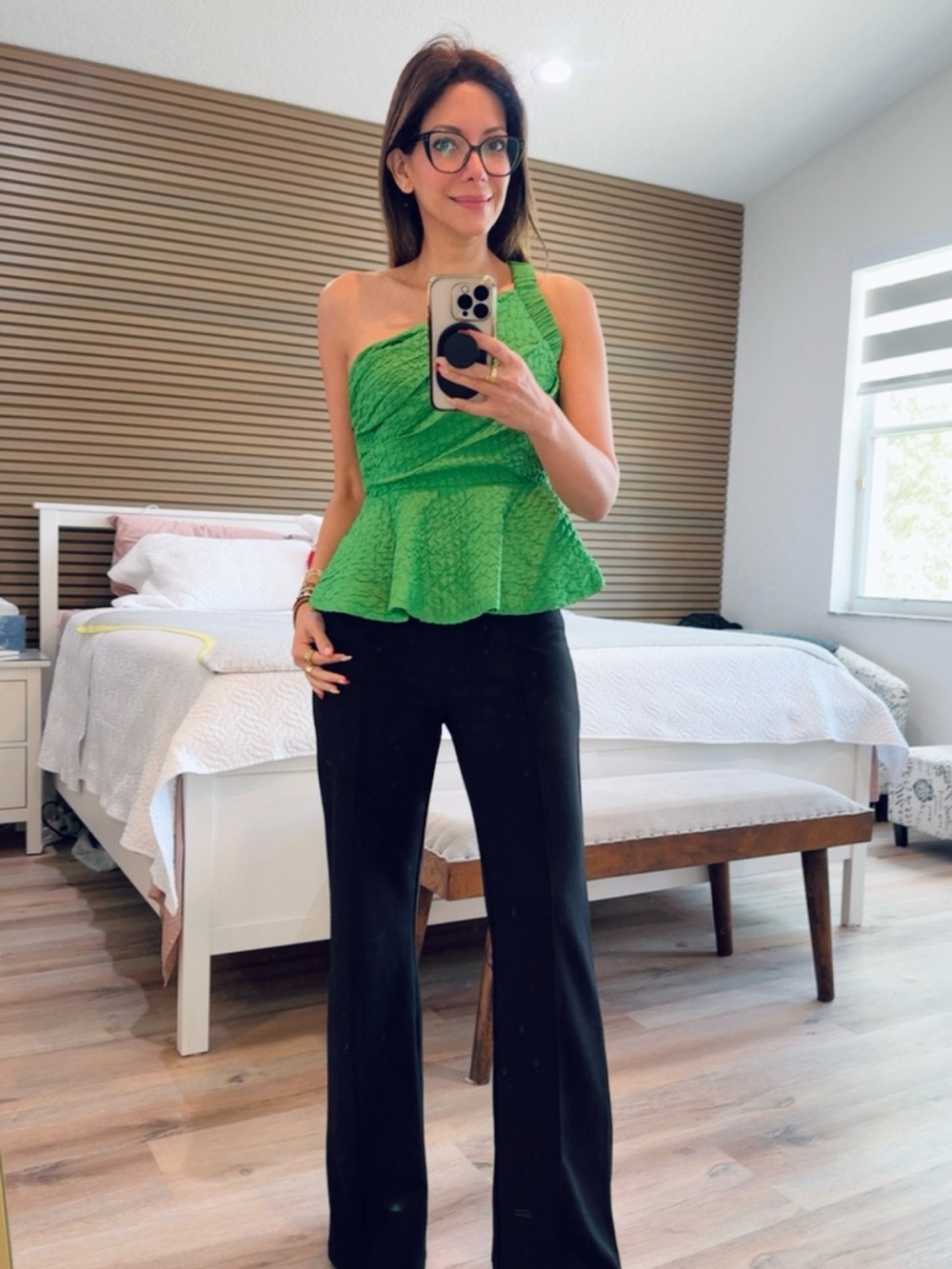 Asymmetric One-Shoulder Green Peplum Blouse